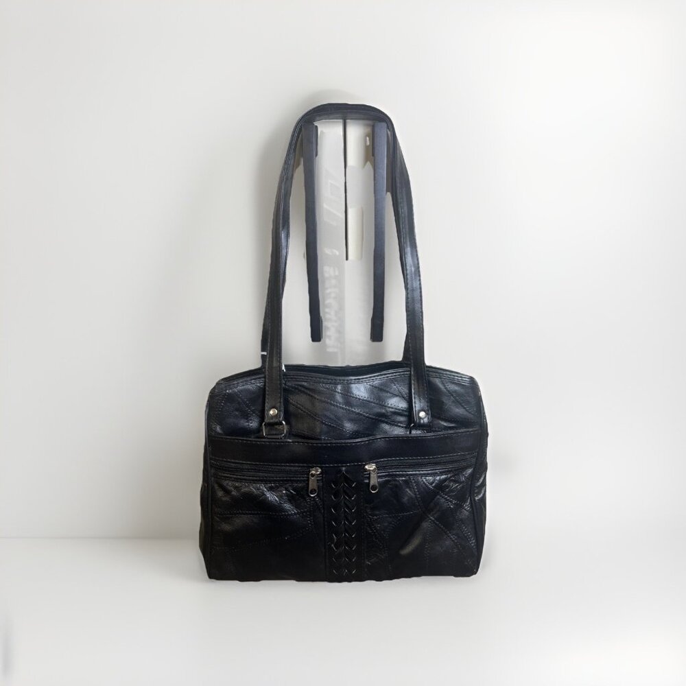 Vintage Classic Black Patchwork Leather Purse Shoulder Bag Minimalist